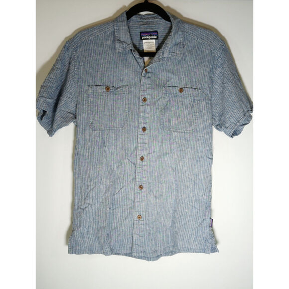 Patagonia Hemp Organic Cotton Button Up Gray Blue Chambray Shirt Men's Medium - Picture 1 of 6